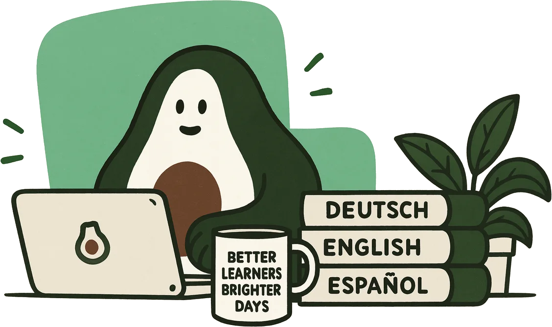 Avocado lernt am Laptop neben Büchern auf Deutsch, Englisch und Spanisch